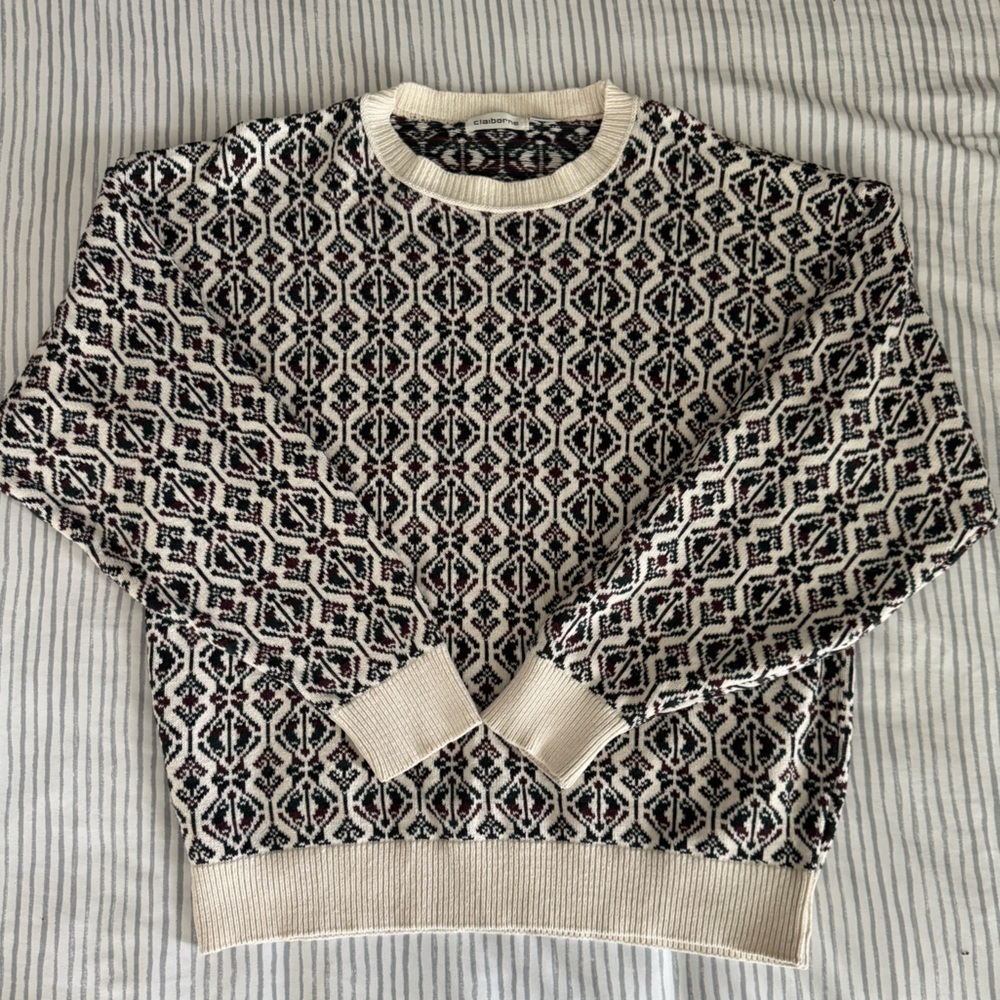 Claiborne Geometric Knit Sweater - Black, Cream, and Red